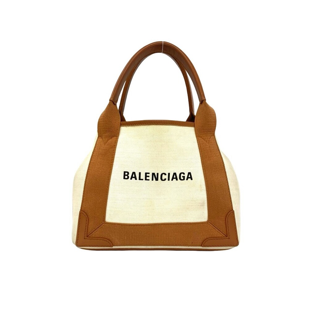 BALENCIAGA Navy Cabas XS Canvas Leather Handbag Mini Tote Bag Brown Ivory 31498